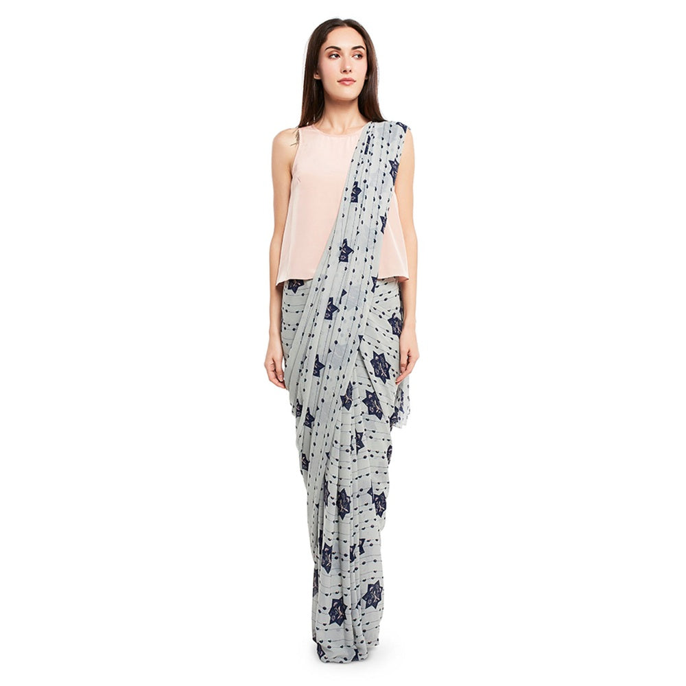 PS Pret by Payal Singhal Crepe Grey Printed Top With Saree (Set of 2)