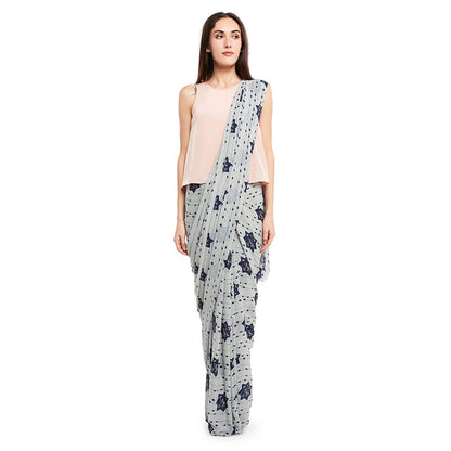 PS Pret by Payal Singhal Crepe Grey Printed Top With Saree (Set of 2)
