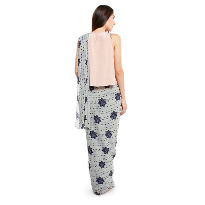 PS Pret by Payal Singhal Crepe Grey Printed Top With Saree (Set of 2)
