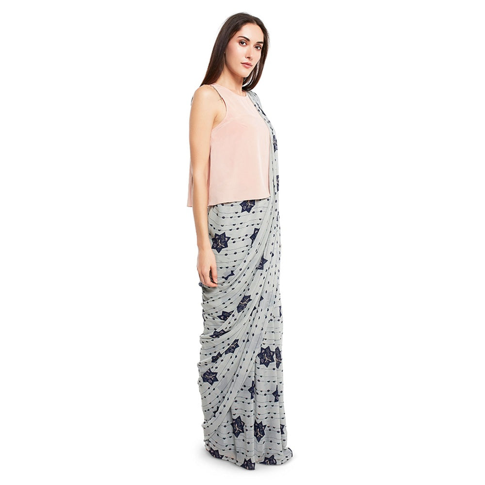 PS Pret by Payal Singhal Crepe Grey Printed Top With Saree (Set of 2)