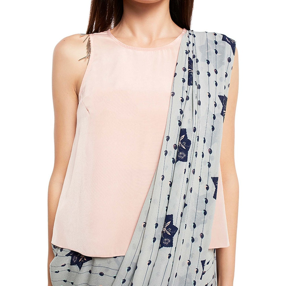 Ps Pret By Payal Singhal Crepe Grey Printed Top With Saree (Set Of 2)