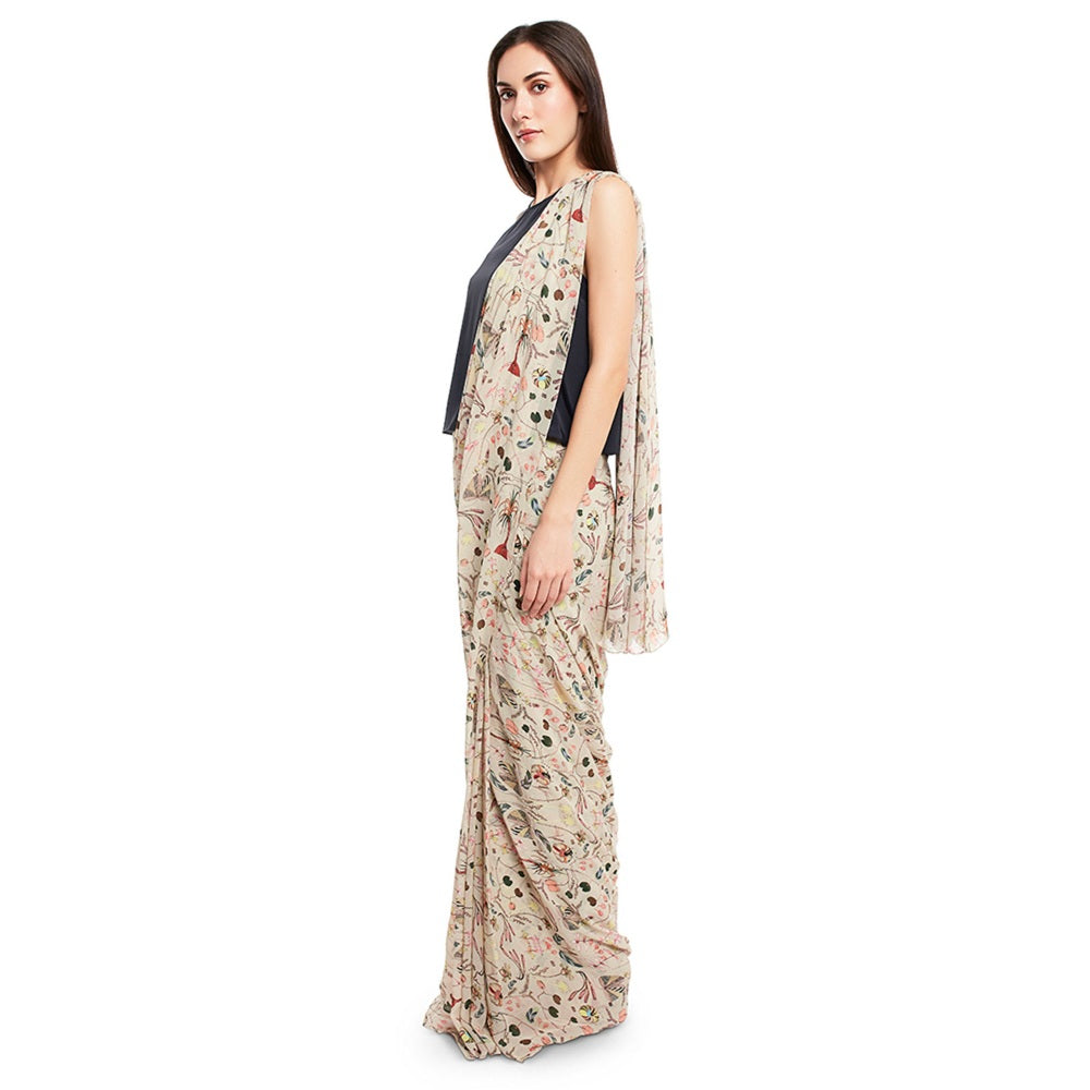 Ps Pret By Payal Singhal Crepe White Printed Top With Saree (Set Of 2)