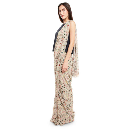 PS Pret by Payal Singhal Crepe White Printed Top With Saree (Set of 2)