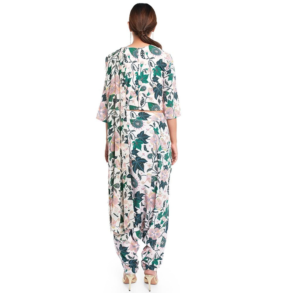 PS Pret by Payal Singhal Georgette White Printed Top With Dhoti Pant (Set of 2)