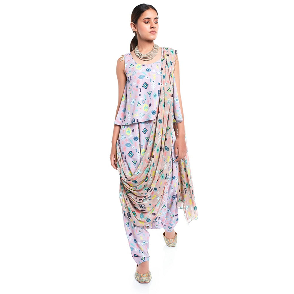 PS Pret by Payal Singhal Georgette Lavender Printed Top With Dhoti Pant (Set of 2)
