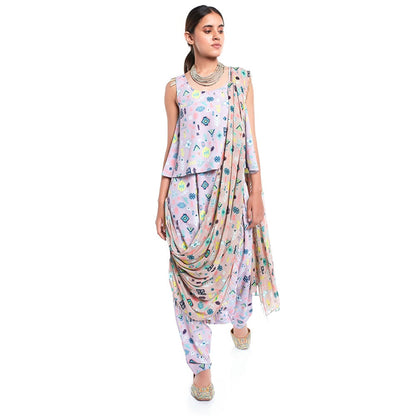 PS Pret by Payal Singhal Georgette Lavender Printed Top With Dhoti Pant (Set of 2)