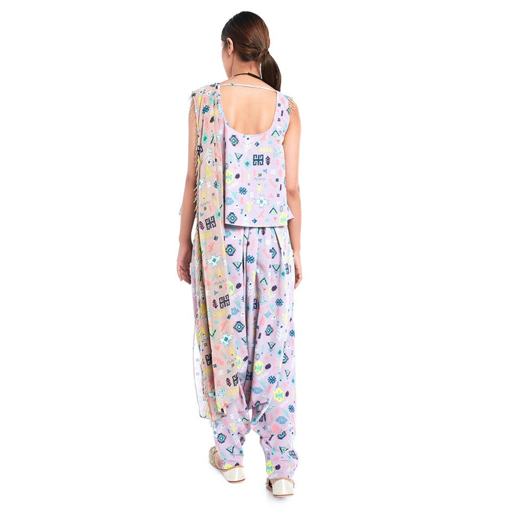 PS Pret by Payal Singhal Georgette Lavender Printed Top With Dhoti Pant (Set of 2)