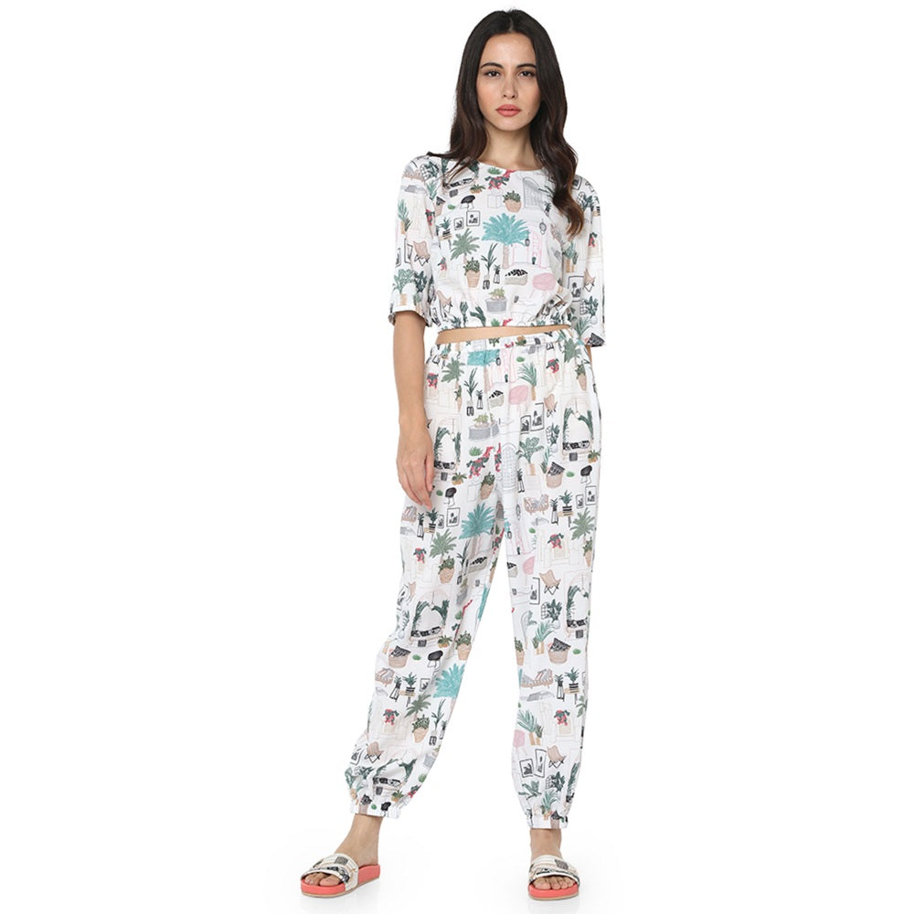 PS Pret by Payal Singhal Crepe White Printed Top With Dhoti Pant (Set of 2)