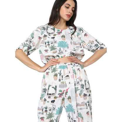 PS Pret by Payal Singhal Crepe White Printed Top With Dhoti Pant (Set of 2)