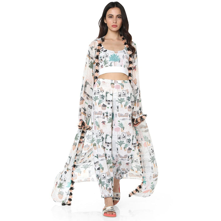 Ps Pret By Payal Singhal Crepe White Printed Top With Pant & Jacket (Set Of 3)