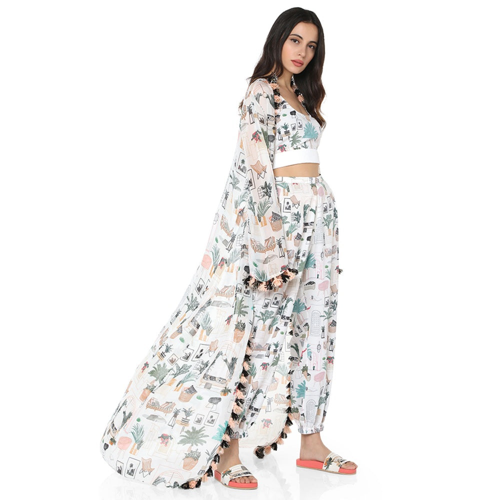 Ps Pret By Payal Singhal Crepe White Printed Top With Pant & Jacket (Set Of 3)