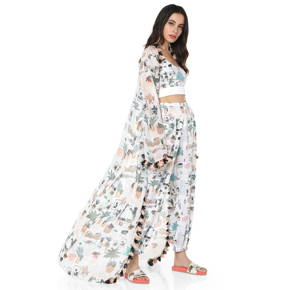 PS Pret by Payal Singhal Crepe White Printed Top With Pant & Jacket (Set of 3)