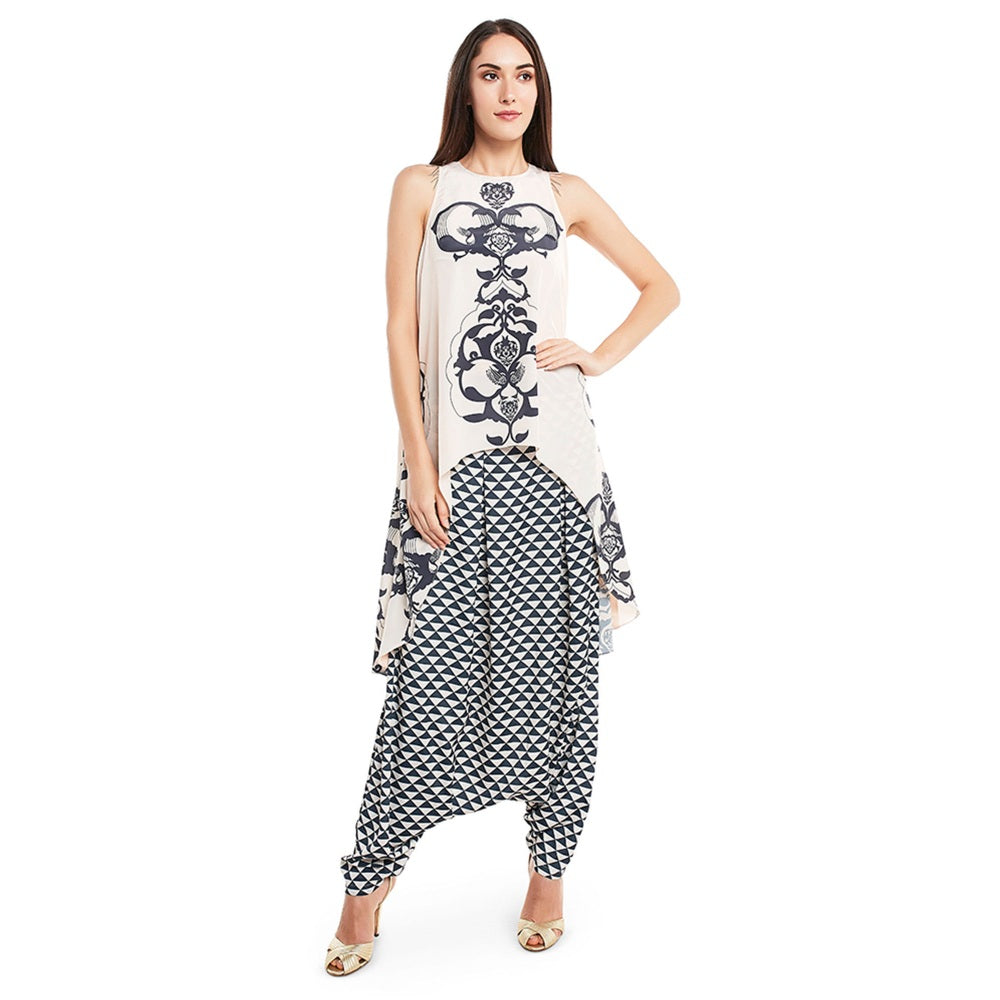 PS Pret by Payal Singhal Crepe White Printed Top With Dhoti Pant (Set of 2)