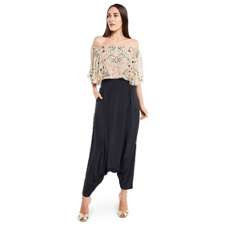 Ps Pret By Payal Singhal Crepe Off White Printed Top With Dhoti Pant (Set Of 2)