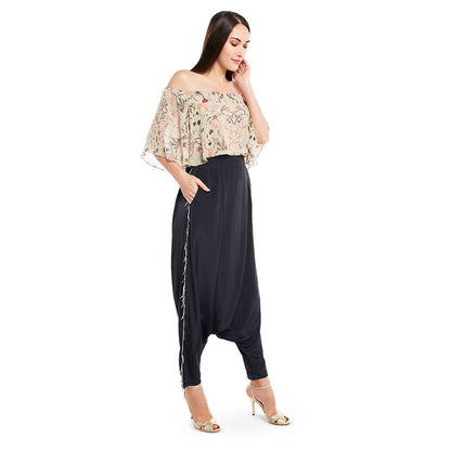 PS Pret by Payal Singhal Crepe Off White Printed Top With Dhoti Pant (Set of 2)