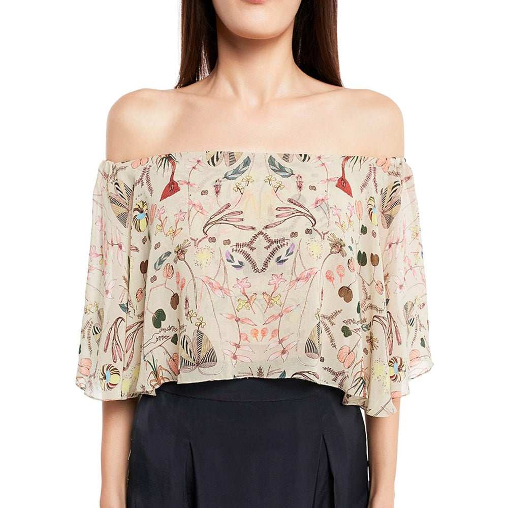 PS Pret by Payal Singhal Crepe Off White Printed Top With Dhoti Pant (Set of 2)