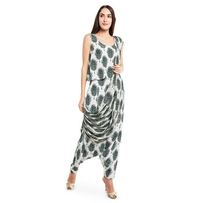 PS Pret by Payal Singhal Crepe Off White Printed Top With Dhoti Pant (Set of 2)