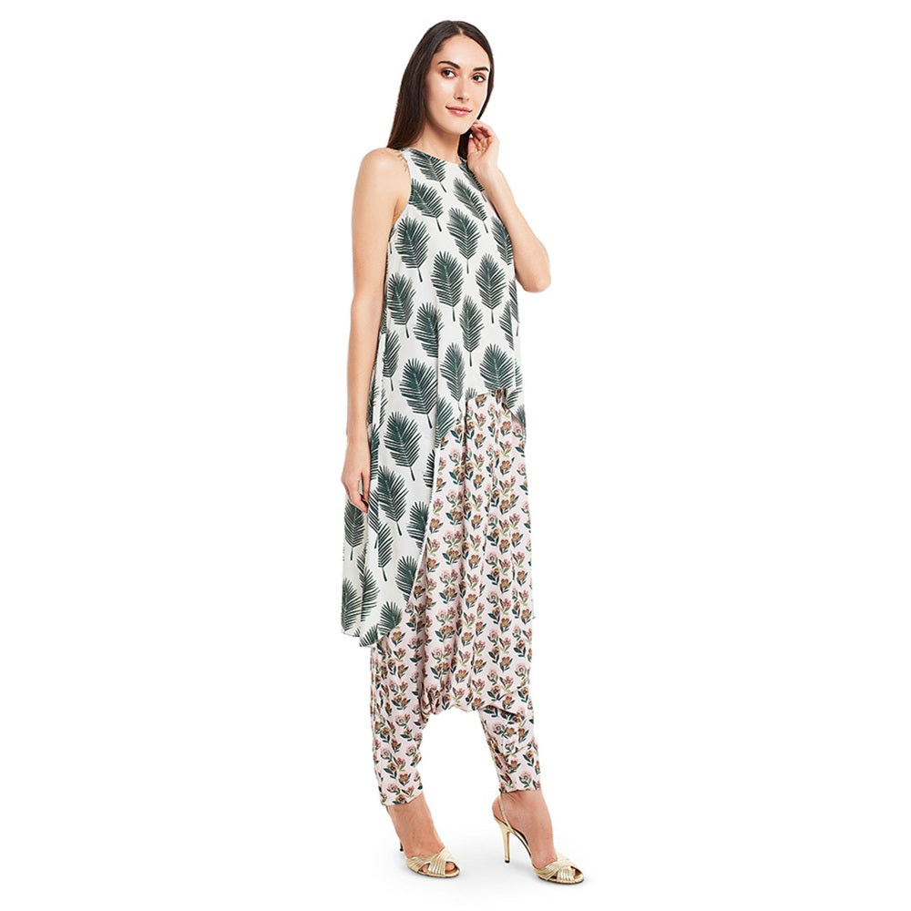 PS Pret by Payal Singhal Crepe Off White Printed Top With Dhoti Pant (Set of 2)