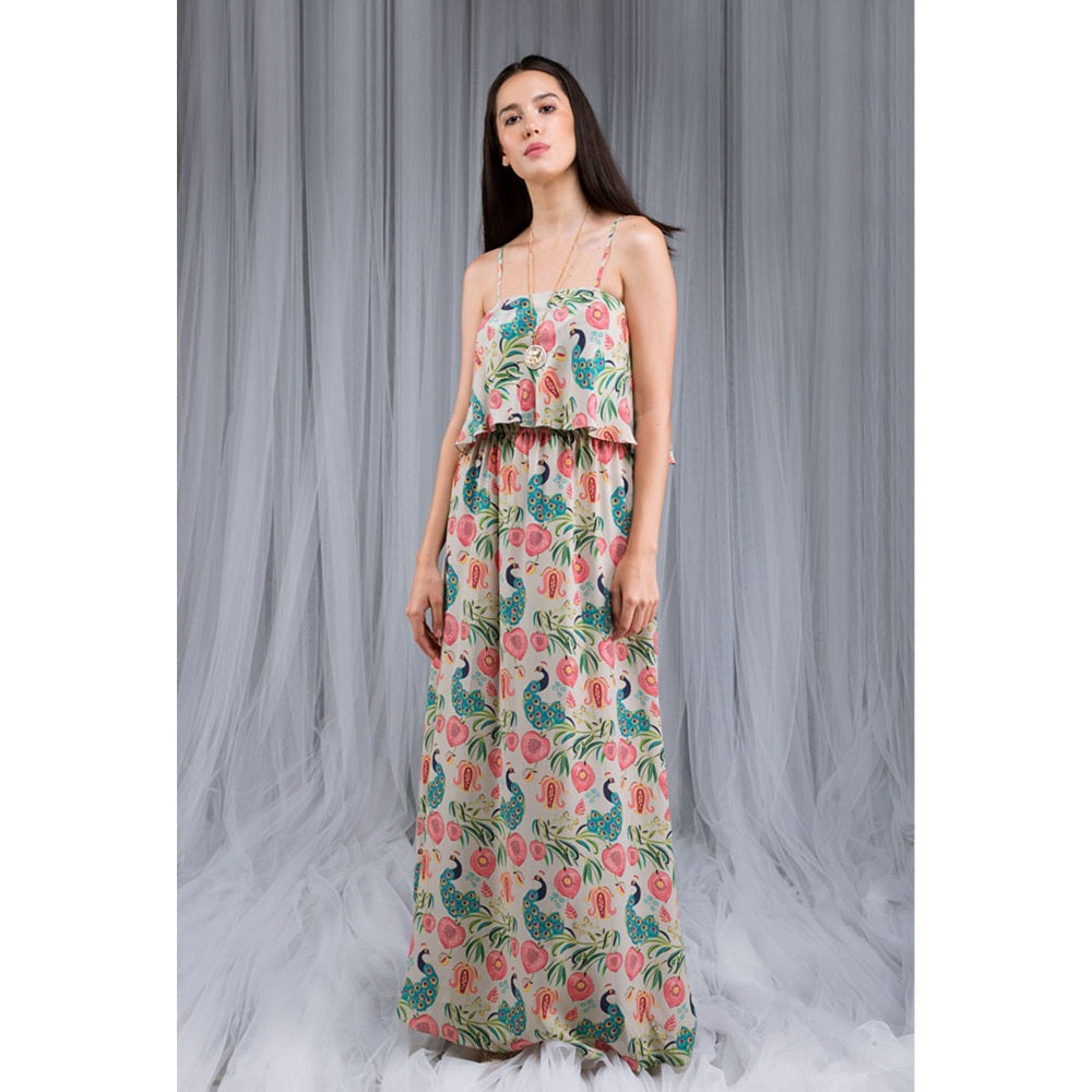 PS Pret by Payal Singhal Khaki Anaar Aur Mor Print Flouncy Dress