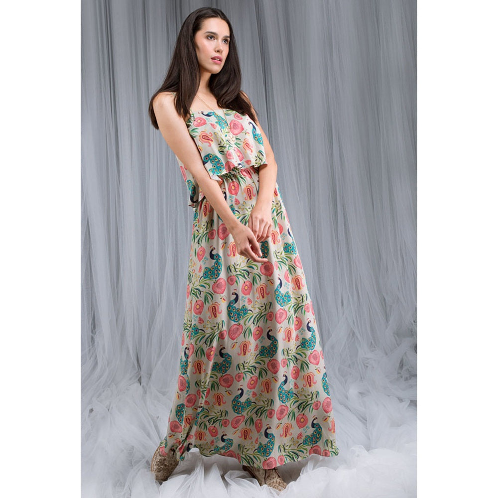 PS Pret by Payal Singhal Khaki Anaar Aur Mor Print Flouncy Dress