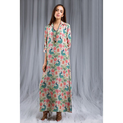 PS Pret by Payal Singhal Khaki Anaar Aur Mor Print Shirt Dress