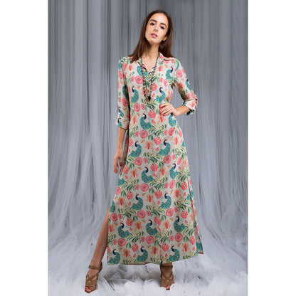 PS Pret by Payal Singhal Khaki Anaar Aur Mor Print Shirt Dress