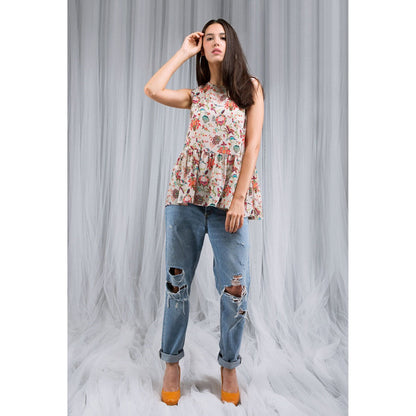 PS Pret by Payal Singhal Khaki Chidiya Print Short Frill Sleeveless Tunic