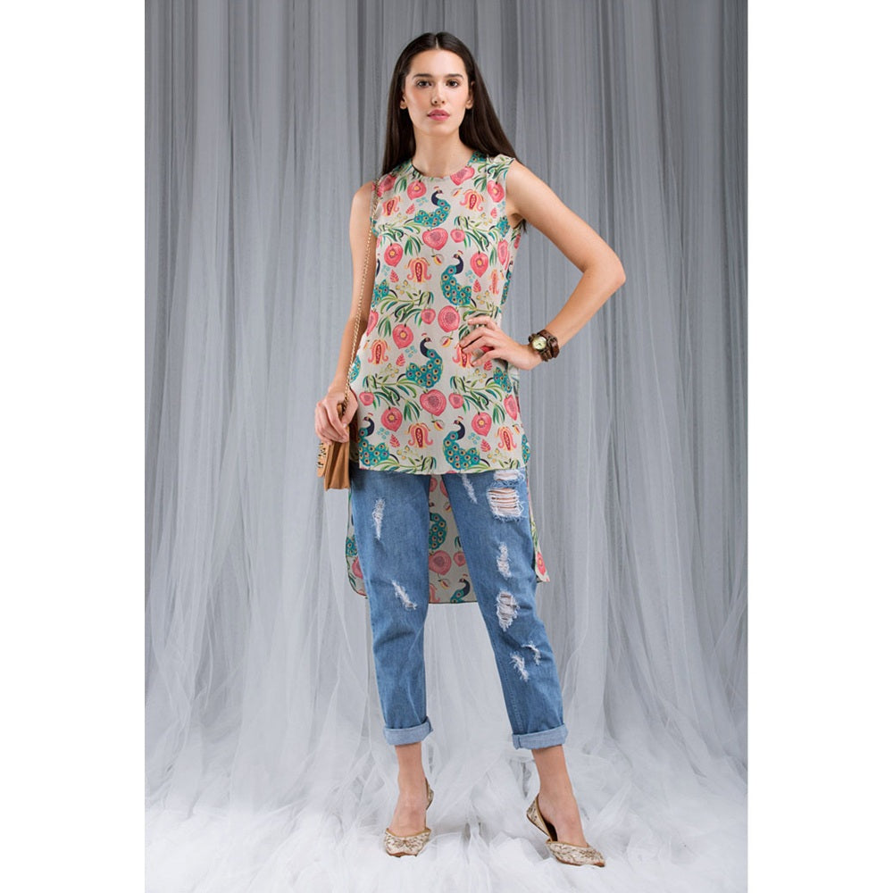 PS Pret by Payal Singhal Khaki Anaar Aur Mor Print High-Low Tunic