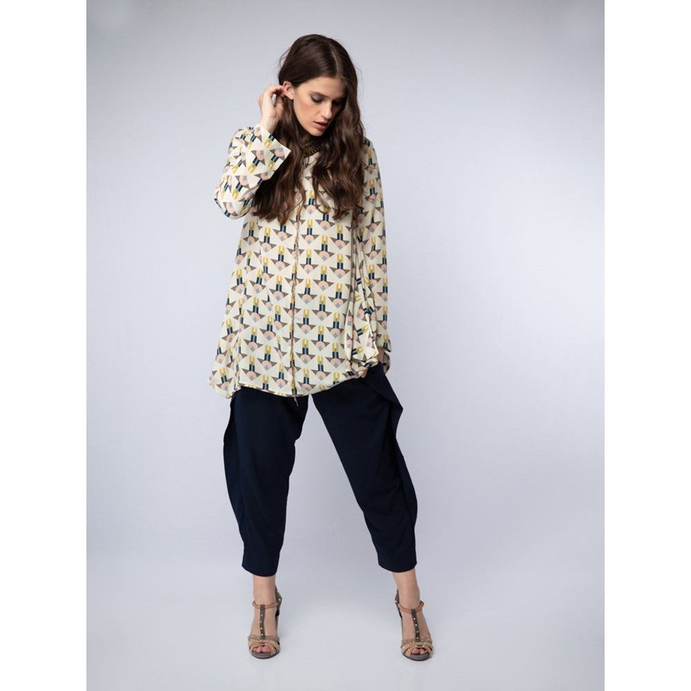 PS Pret by Payal Singhal Cream Printed Crepe Side Cowl Tunic