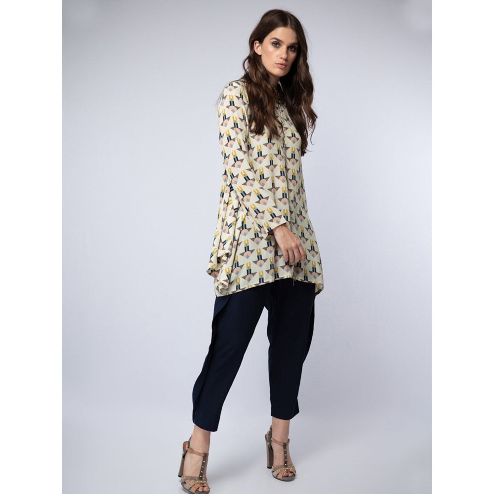 Ps Pret By Payal Singhal Cream Printed Crepe Side Cowl Tunic