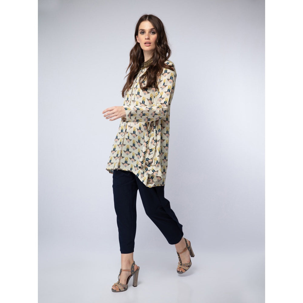 PS Pret by Payal Singhal Cream Printed Crepe Side Cowl Tunic