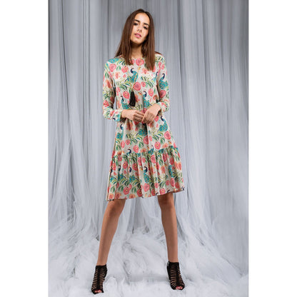 PS Pret by Payal Singhal Khaki Anaar Aur Mor Print Long Frill Tunic