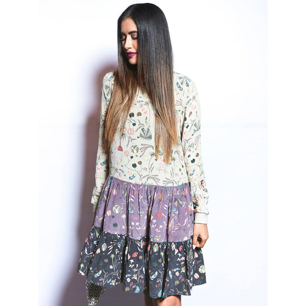 PS Pret by Payal Singhal Khaki With Eggplant And Black Printed Crepe Frill Hem Tunic