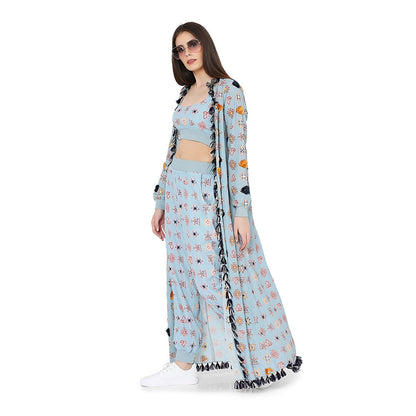 PS Pret by Payal Singhal Blue Printed Art Duster Jacket with Art Bustier and Jogger Pant (Set of 3)