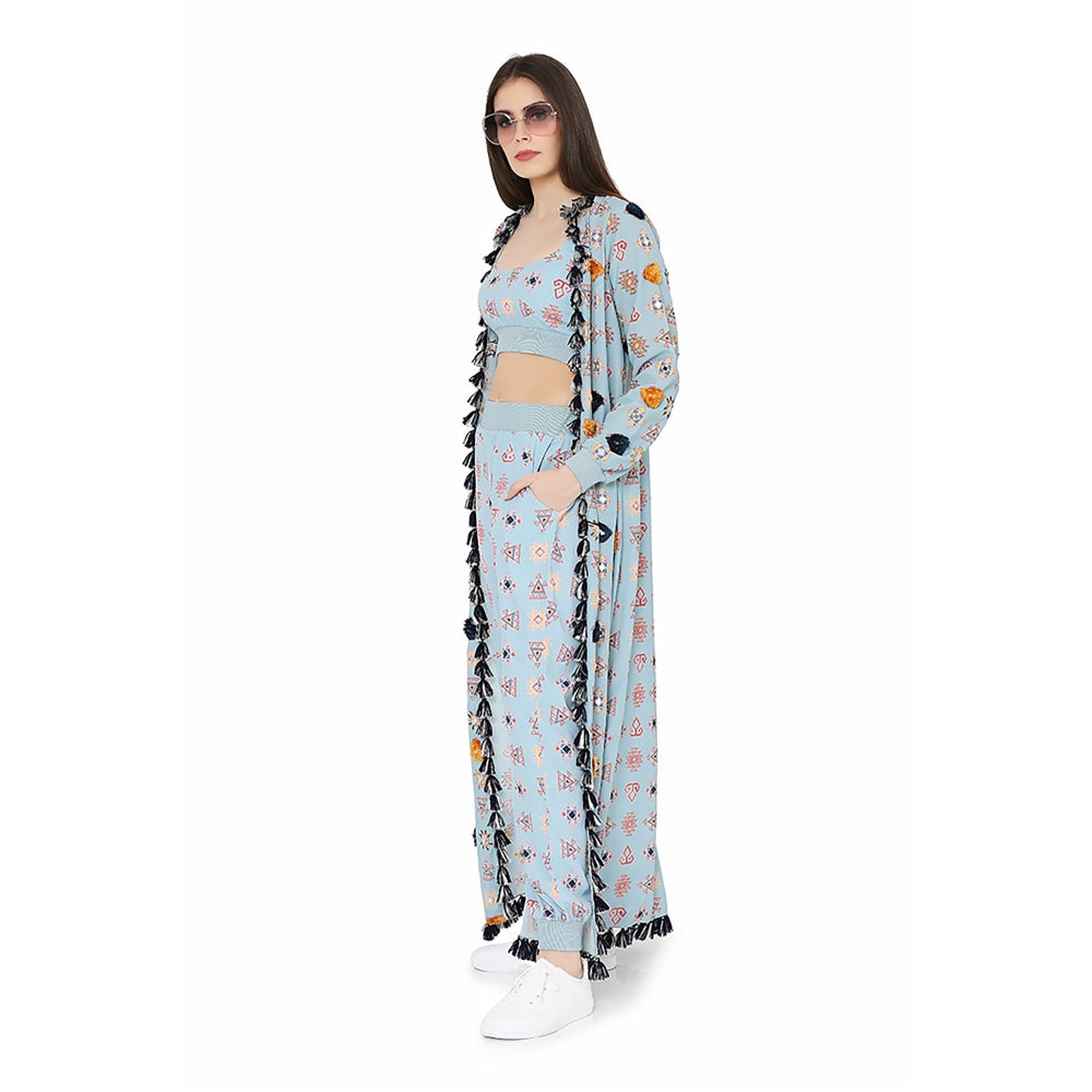 PS Pret by Payal Singhal Blue Printed Art Duster Jacket with Art Bustier and Jogger Pant (Set of 3)
