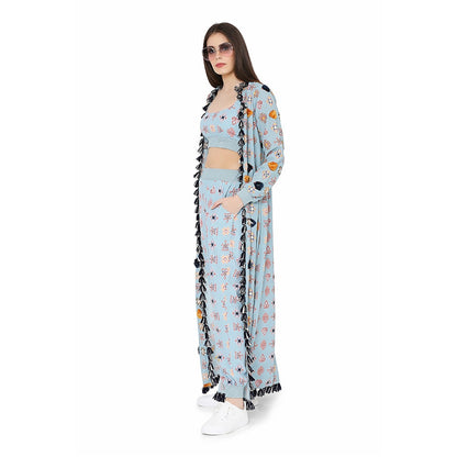 PS Pret by Payal Singhal Blue Printed Art Duster Jacket with Art Bustier and Jogger Pant (Set of 3)