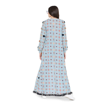 PS Pret by Payal Singhal Blue Printed Art Duster Jacket with Art Bustier and Jogger Pant (Set of 3)