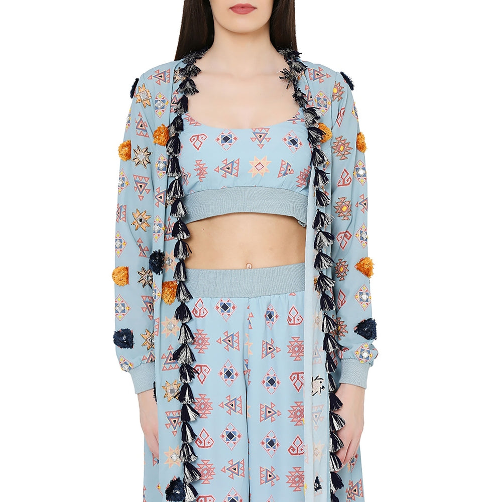 PS Pret by Payal Singhal Blue Printed Art Duster Jacket with Art Bustier and Jogger Pant (Set of 3)
