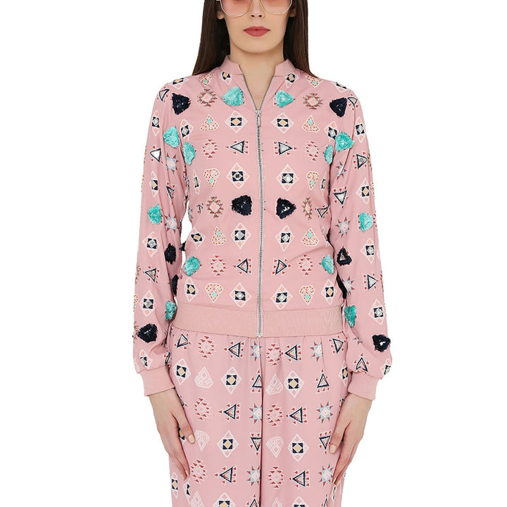 Payal Singhal Pink Colour Printed Art Back Tie-Up Bomber Jacket With Jogger Pant (Set Of 2)