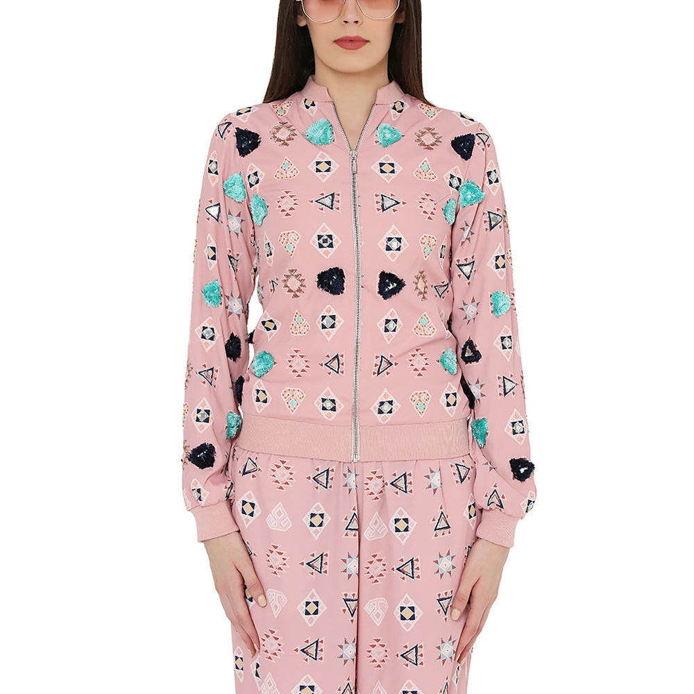 PS Pret by Payal Singhal Pink Colour Printed Art Back Tie-Up Bomber Jacket with Jogger Pant (Set of 2)