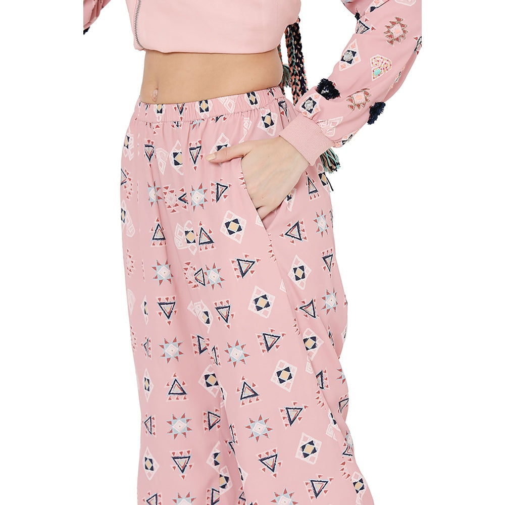 PS Pret by Payal Singhal Pink Colour Printed Art Back Tie-Up Bomber Jacket with Jogger Pant (Set of 2)