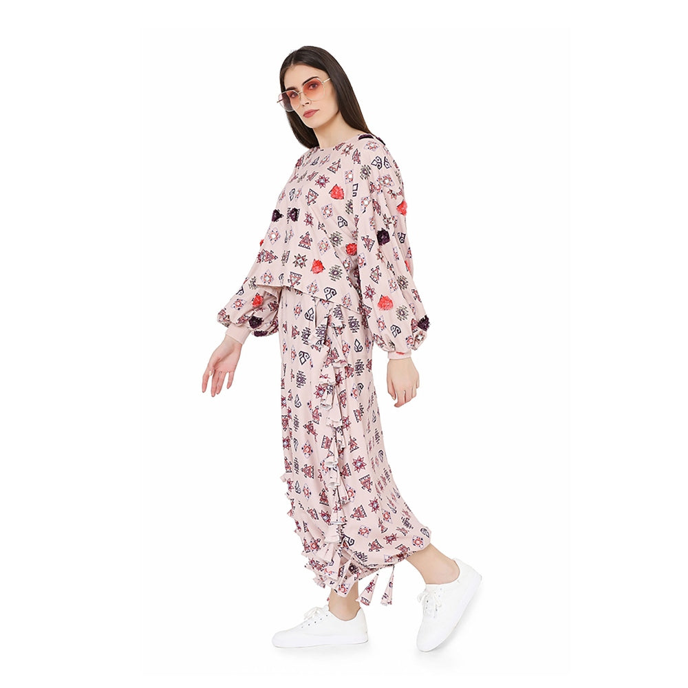 PS Pret by Payal Singhal Blush Colour Printed Art Oversized Top with Balloon Skirt (Set of 2)