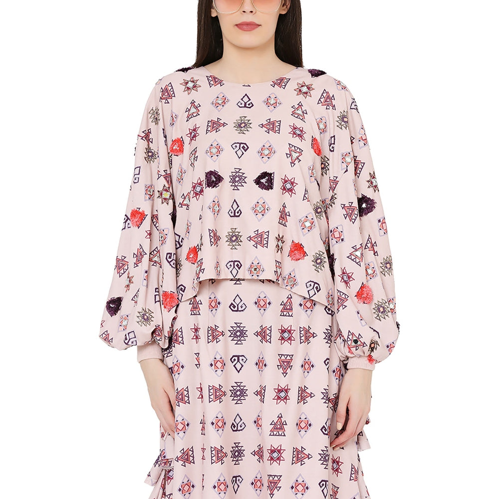PS Pret by Payal Singhal Blush Colour Printed Art Oversized Top with Balloon Skirt (Set of 2)