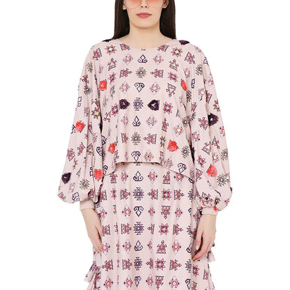 PS Pret by Payal Singhal Blush Colour Printed Art Oversized Top with Balloon Skirt (Set of 2)