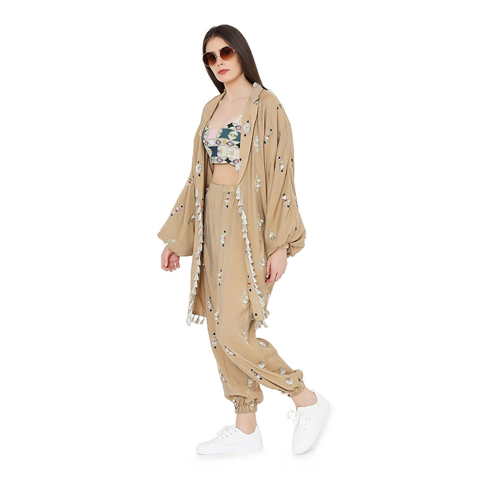 Payal Singhal Gold Brocade Oversized Jacket And Jogger Pant With Printed Bustier (Set Of 3)