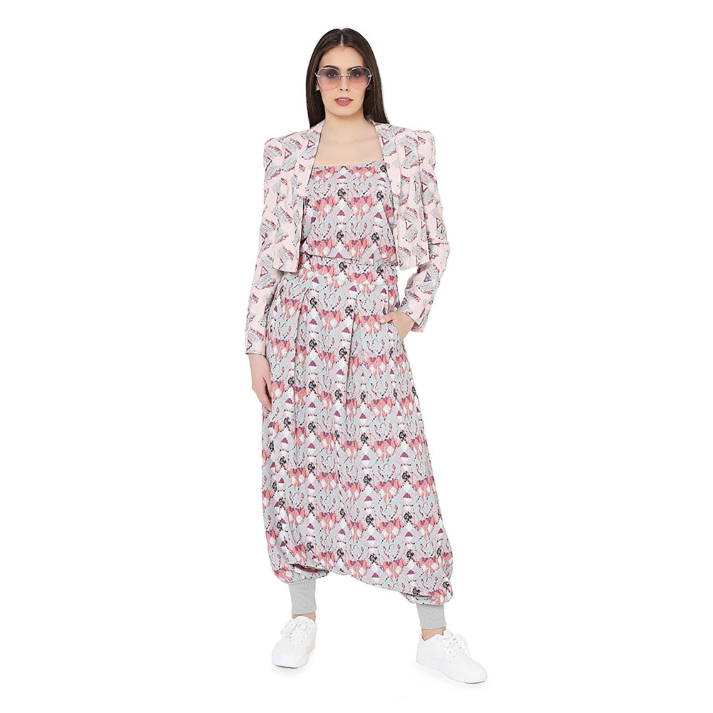 Payal Singhal Grey Printed Camisole With Low Crotch Pant And Pink Printed Jacket (Set Of 3)