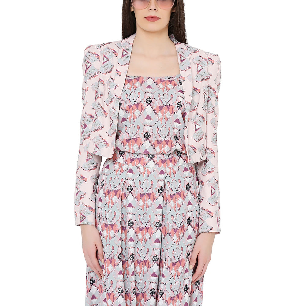 PS Pret by Payal Singhal Grey Printed Camisole with Low Crotch Pant and Pink Printed Jacket (Set of 3)