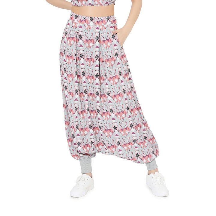 Payal Singhal Grey Printed Camisole With Low Crotch Pant And Pink Printed Jacket (Set Of 3)