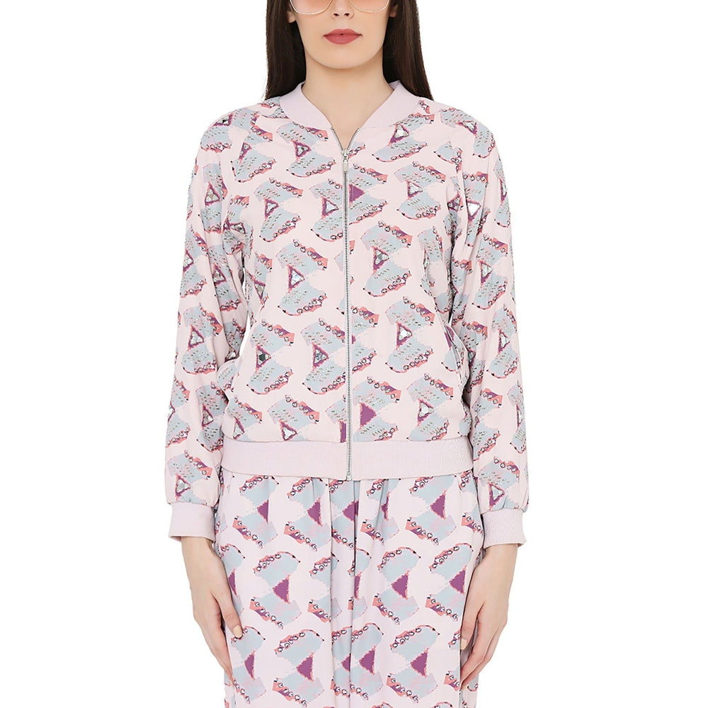Payal Singhal Pink Colour Printed Art Bomber Jacket With Jogger Pant (Set Of 2)