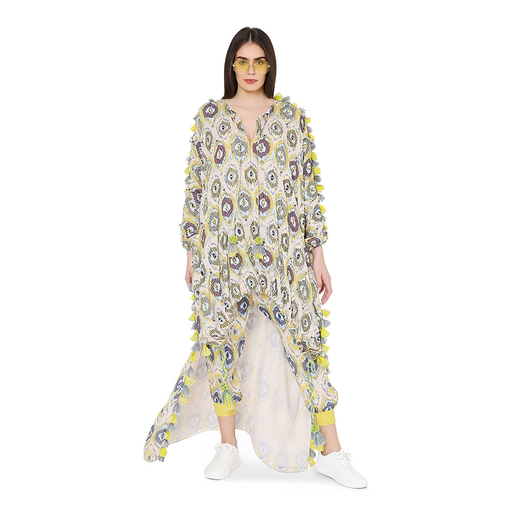 PS Pret by Payal Singhal Yellow Printed Art Oversized High-Low Kaftan Top with Jogger Pant (Set of 2)